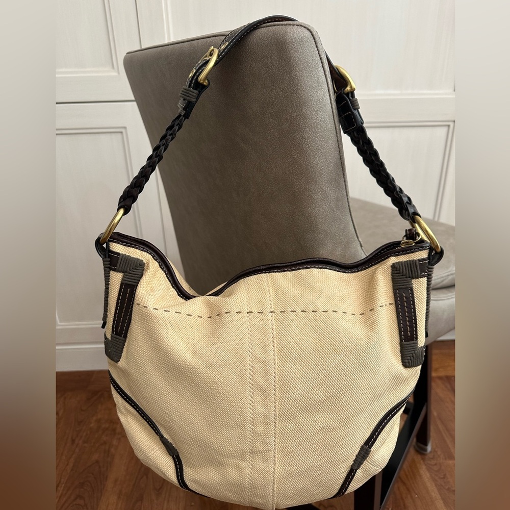 COACH Purse Shoulder Bag 4711 Angora Straw Burlap Beige w/ Genuine Brown Leather - Picture 2 of 14